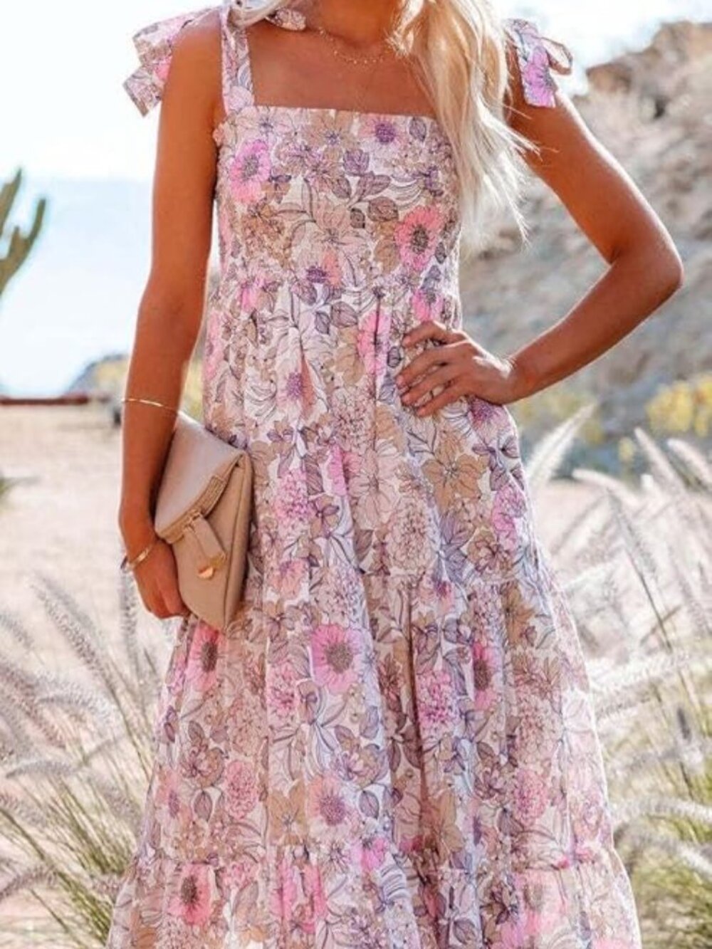 Pink Floral Square Neck Summer Dress - Picture 3 of 4